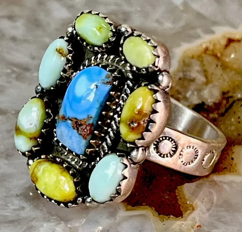 Southwestern Sterling Silver Mixed Turquoise Cluster Statement Ring Adjust Size
